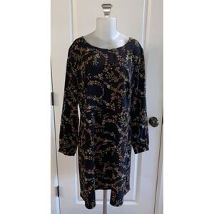 Loft Ann Taylor Black Floral‎ Long Sleeve Tunic Shift Dress Size 16 Plus Boho